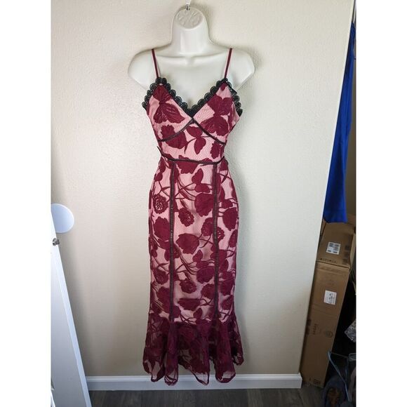 Lulus Alluring Dream Burgundy Floral Mesh Lace Trumpet Midi Dress Size XS - Picture 2 of 15
